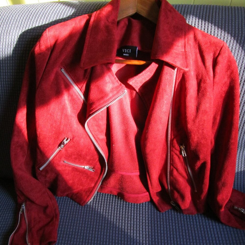 Deep Red Vegan Suede-Feel Zippered Moto Jacket